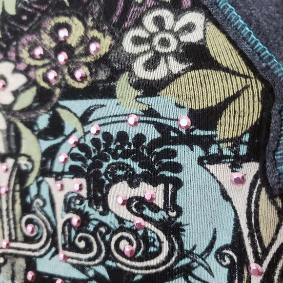 Skinny Minnie Women's Floral V Neck Short Sleeve Studded Shirt Top Blouse - Picture 5 of 10